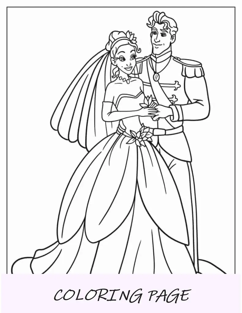 Folha para colorir fácil do casamento de Tiana e Naveen