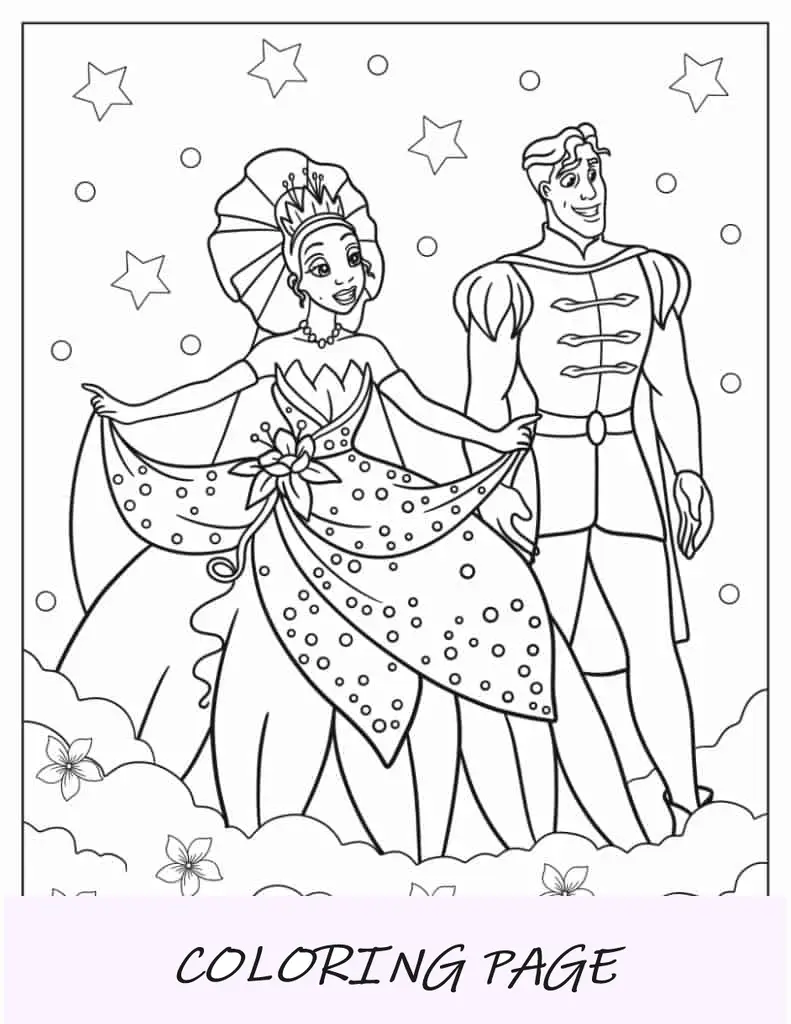 Folha para colorir do casamento de Tiana e do príncipe Naveen