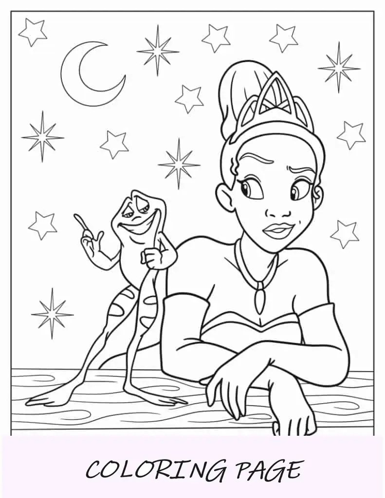 Tiana conversando com o príncipe sapo Naveen para colorir