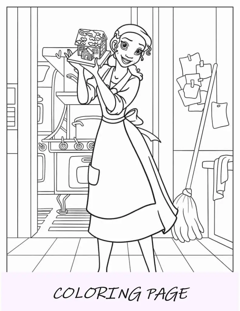 Tiana segurando uma casa de pão de gengibre