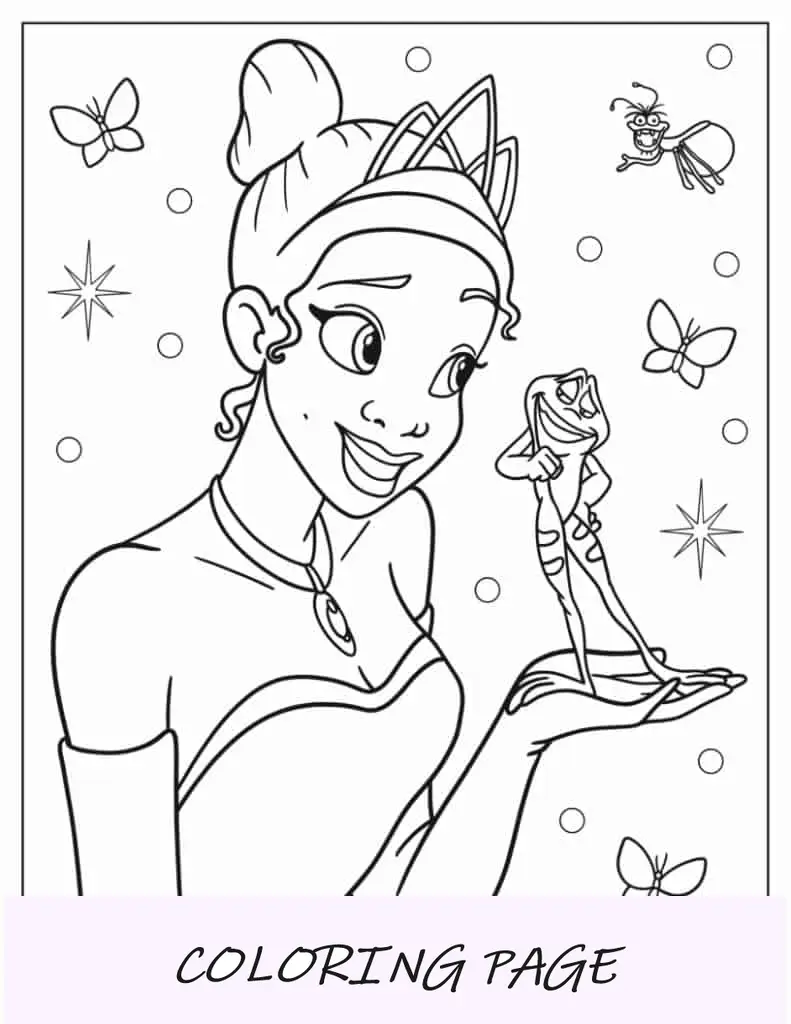Desenho para colorir da Princesa Tiana sorrindo para o Príncipe Sapo Naveen