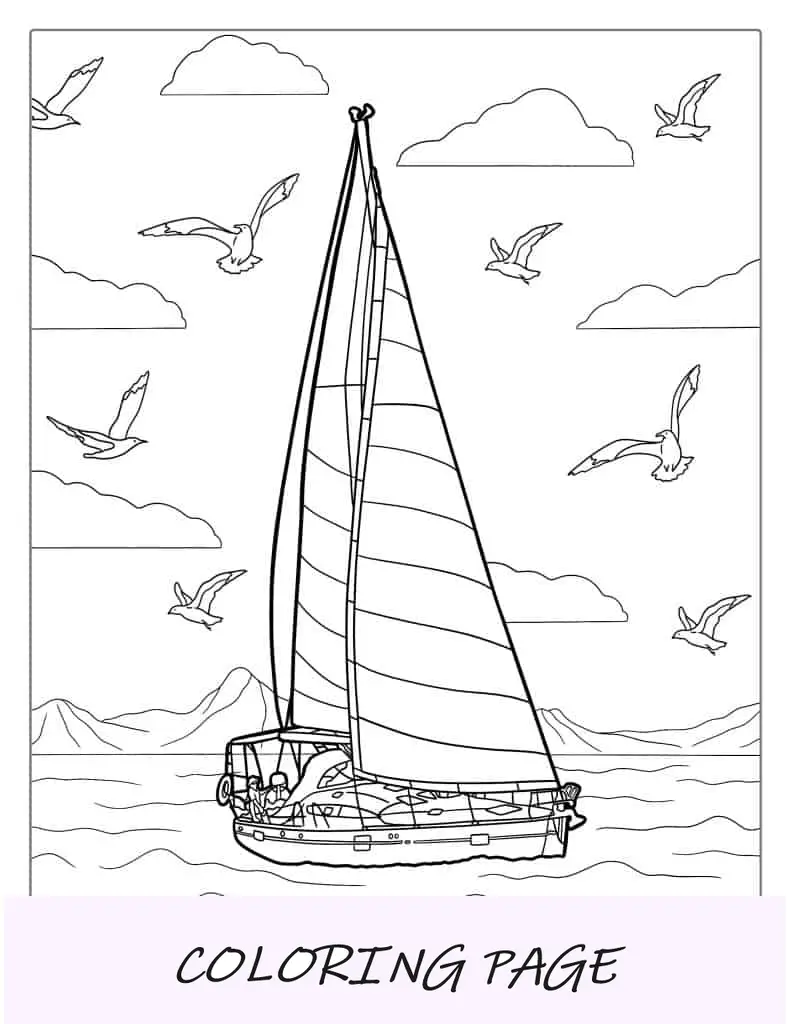 Barco à vela na água com gaivotas para colorir
