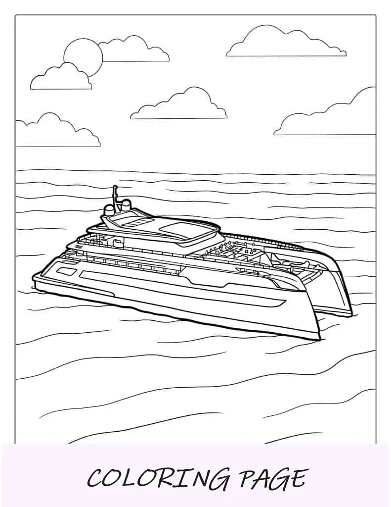 Página para colorir de super iate de catamarã
