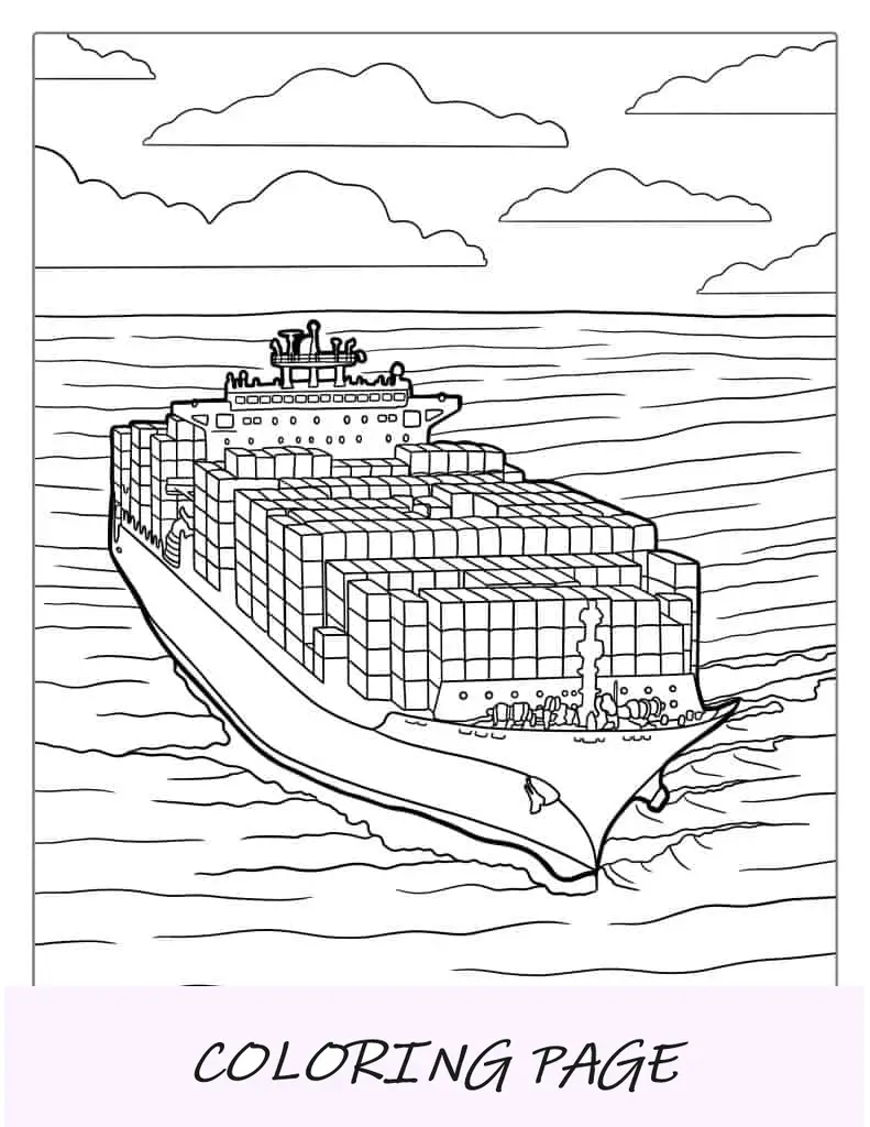 Grande navio porta-contêineres em mar aberto para colorir