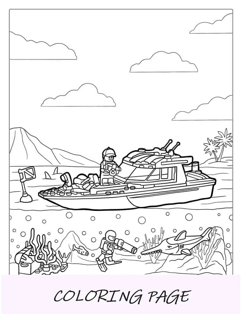 Barco Lego cercado por tubarões para colorir