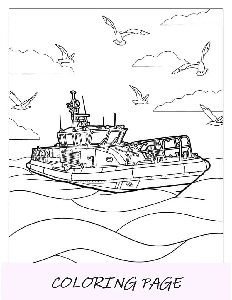Página para colorir de barco patrulha marítima para crianças