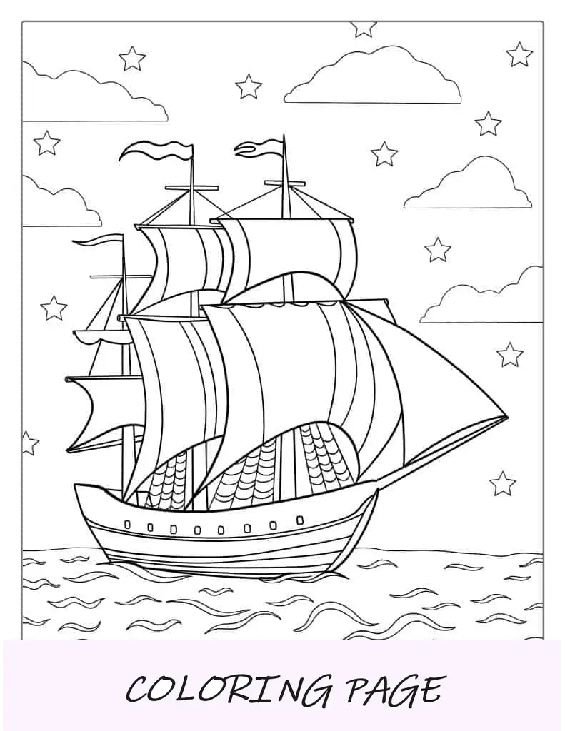 Impressionante navio de madeira navegando durante a noite para colorir