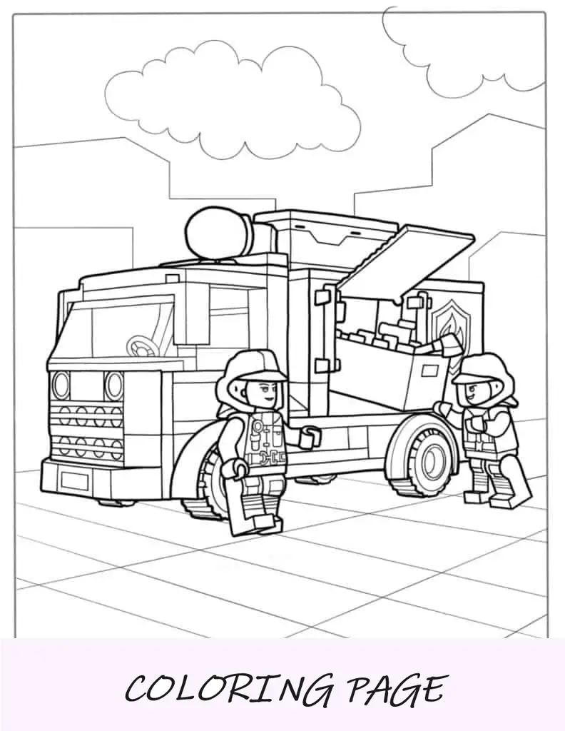 Página para colorir de caminhão de bombeiros Lego com bombeiros_