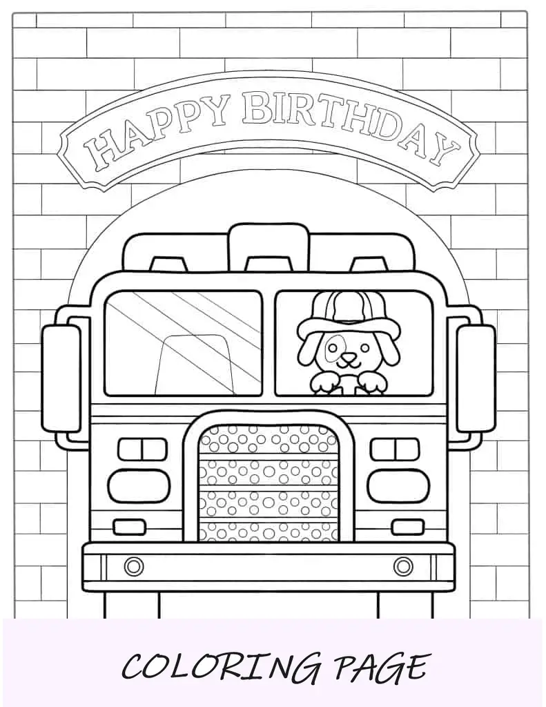 Folha para colorir de caminhão de bombeiros de feliz aniversário para crianças