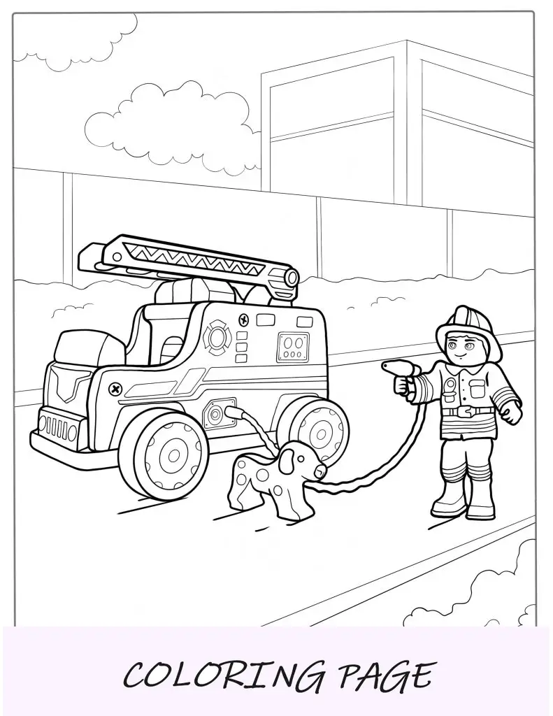 Caminhão de bombeiros estilo desenho animado com bombeiro e dálmata