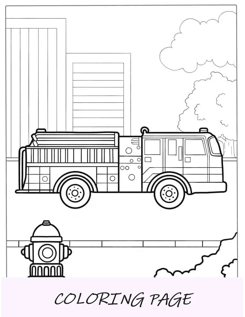 Esboço simples de um caminhão de bombeiros para crianças