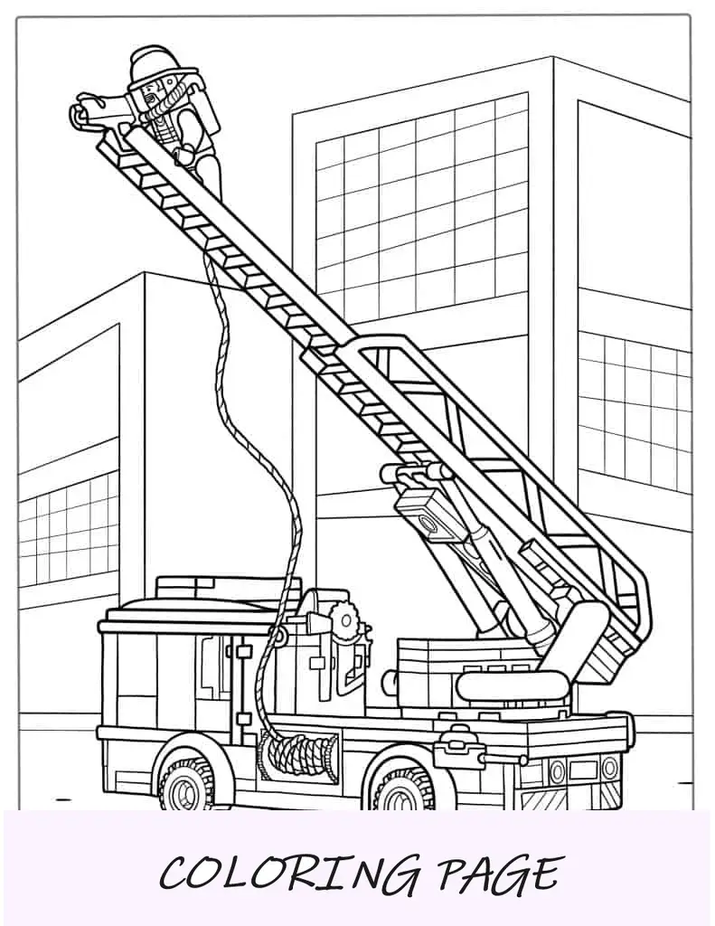 Caminhão de bombeiros Lego detalhado com escada estendida para colorir