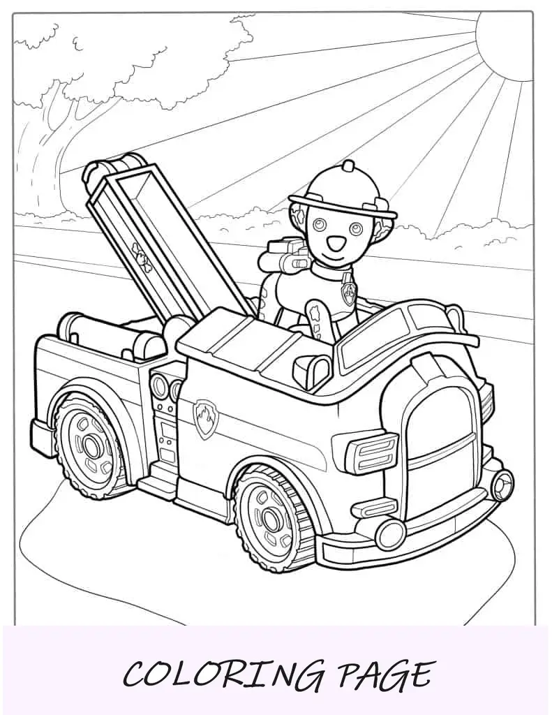 Folha para colorir detalhada de caminhão de bombeiros com cachorro