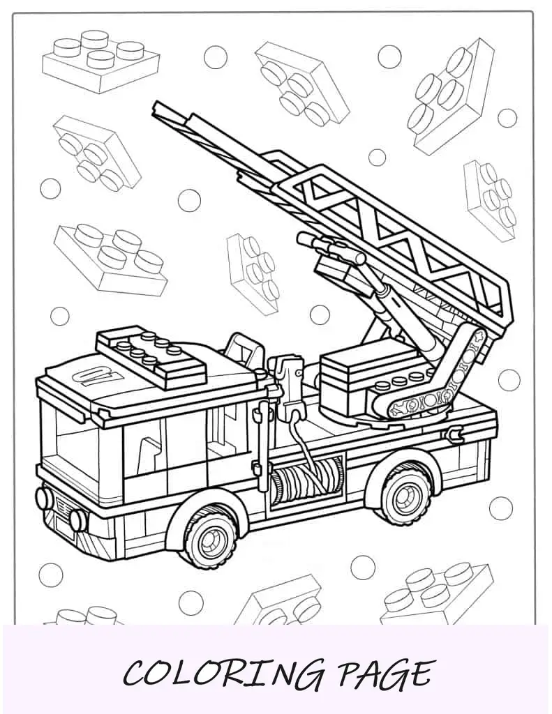 Página para colorir de caminhão de bombeiros Lego para crianças