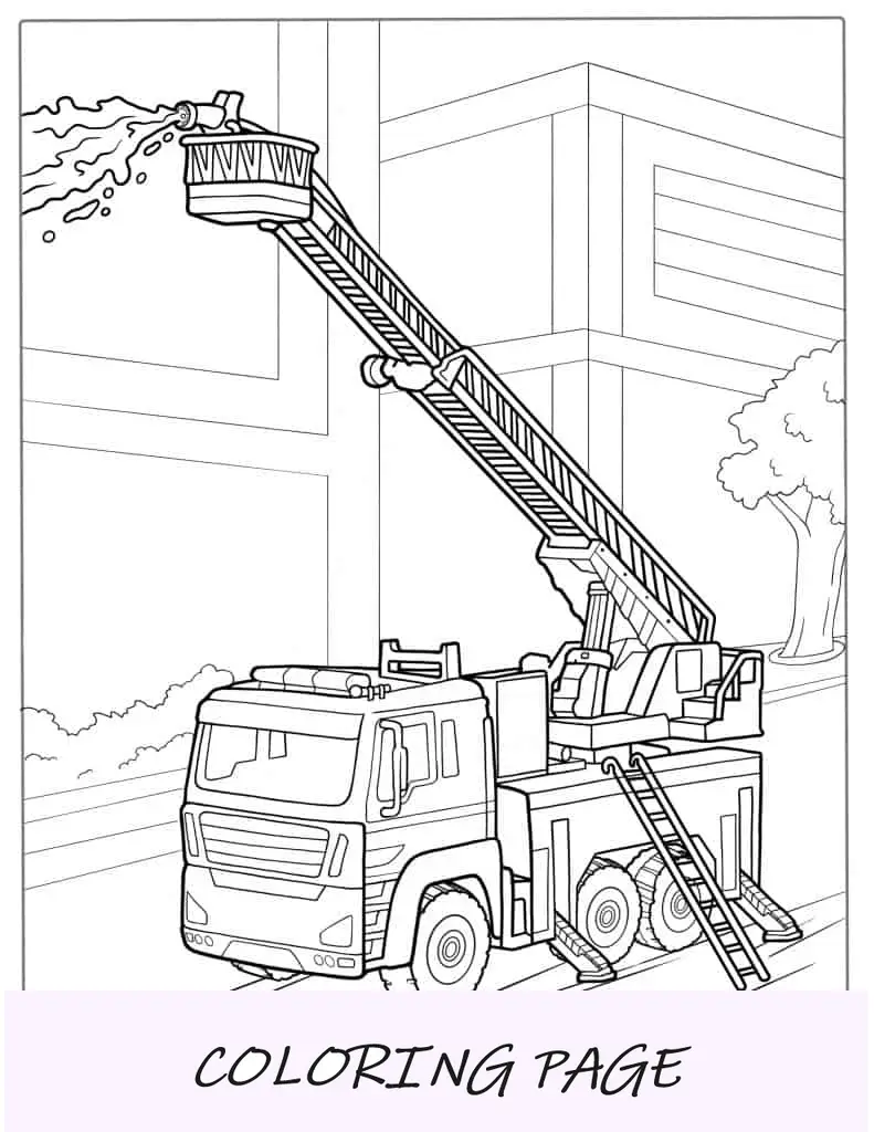 Caminhão de bombeiros com escada grande apagando fogo para colorir