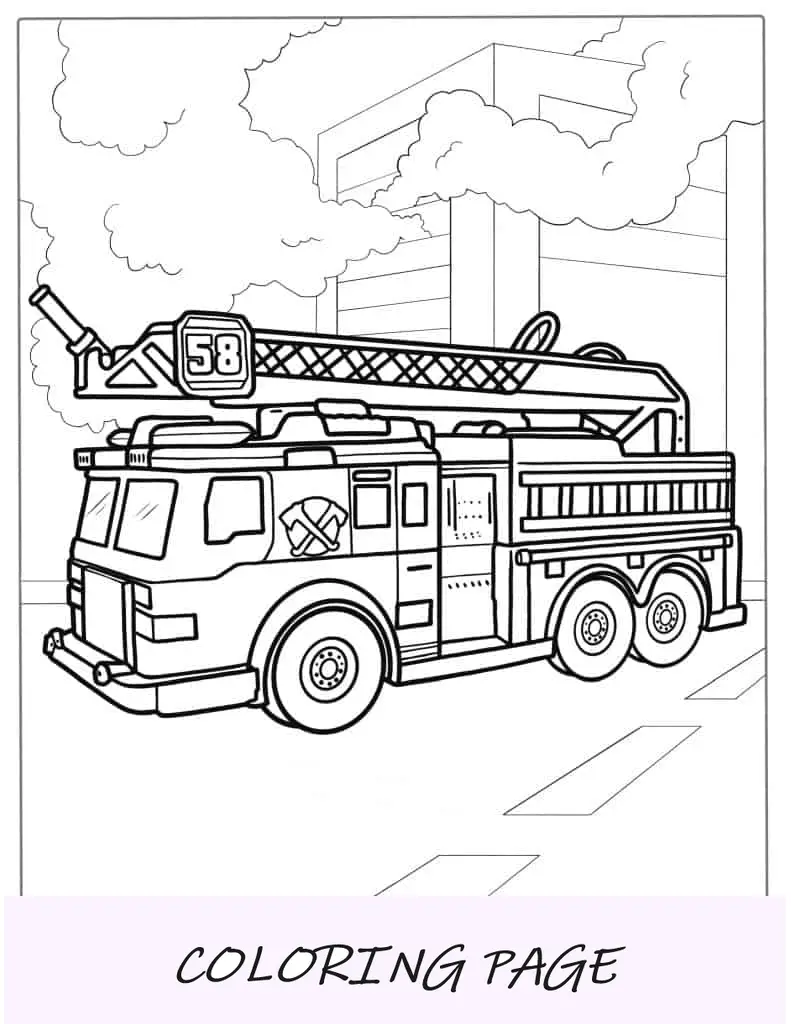 Caminhão de bombeiros com escada e mangueira para colorir