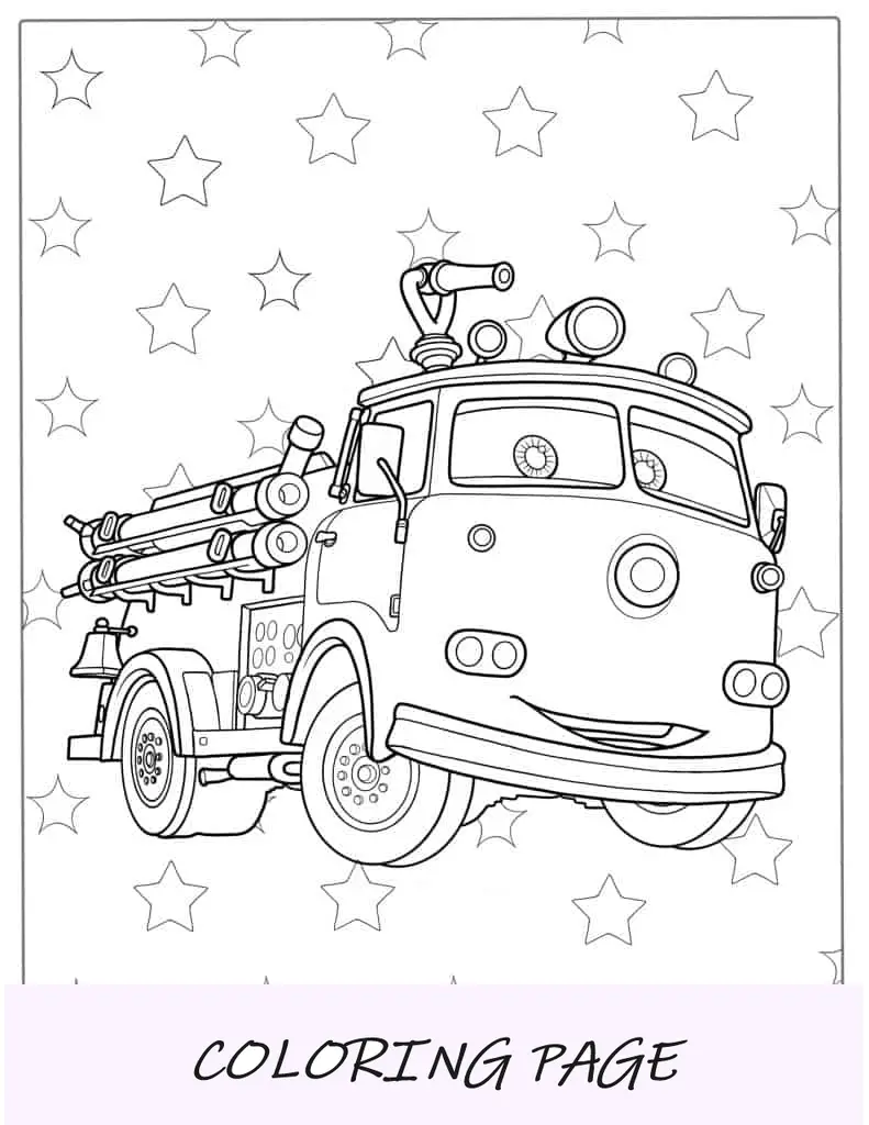 Página para colorir do caminhão de bombeiros vermelho do filme Carros