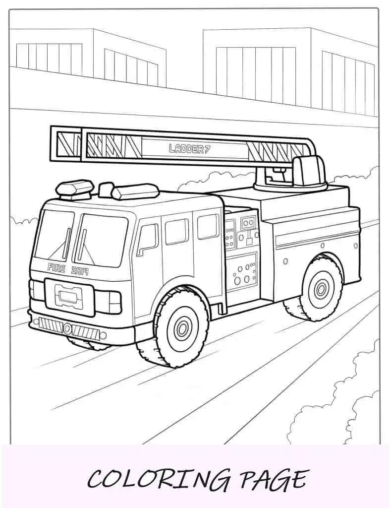 Desenho de caminhão de bombeiros com escada para colorir