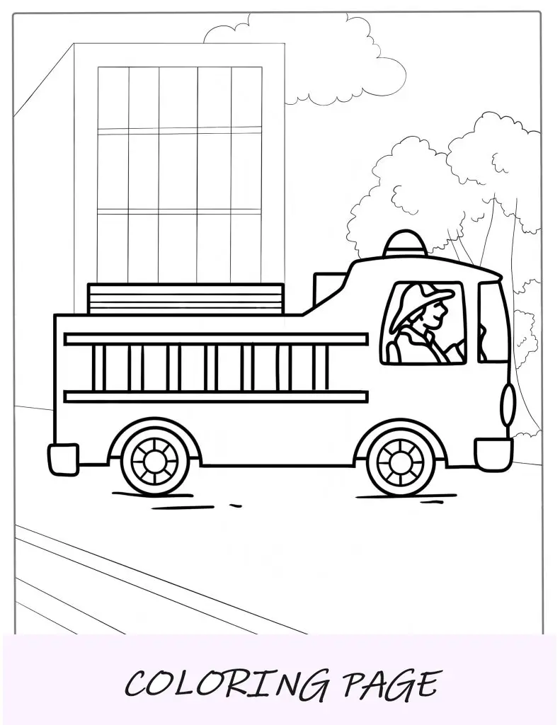 Folha para colorir de um caminhão de bombeiros simples para crianças