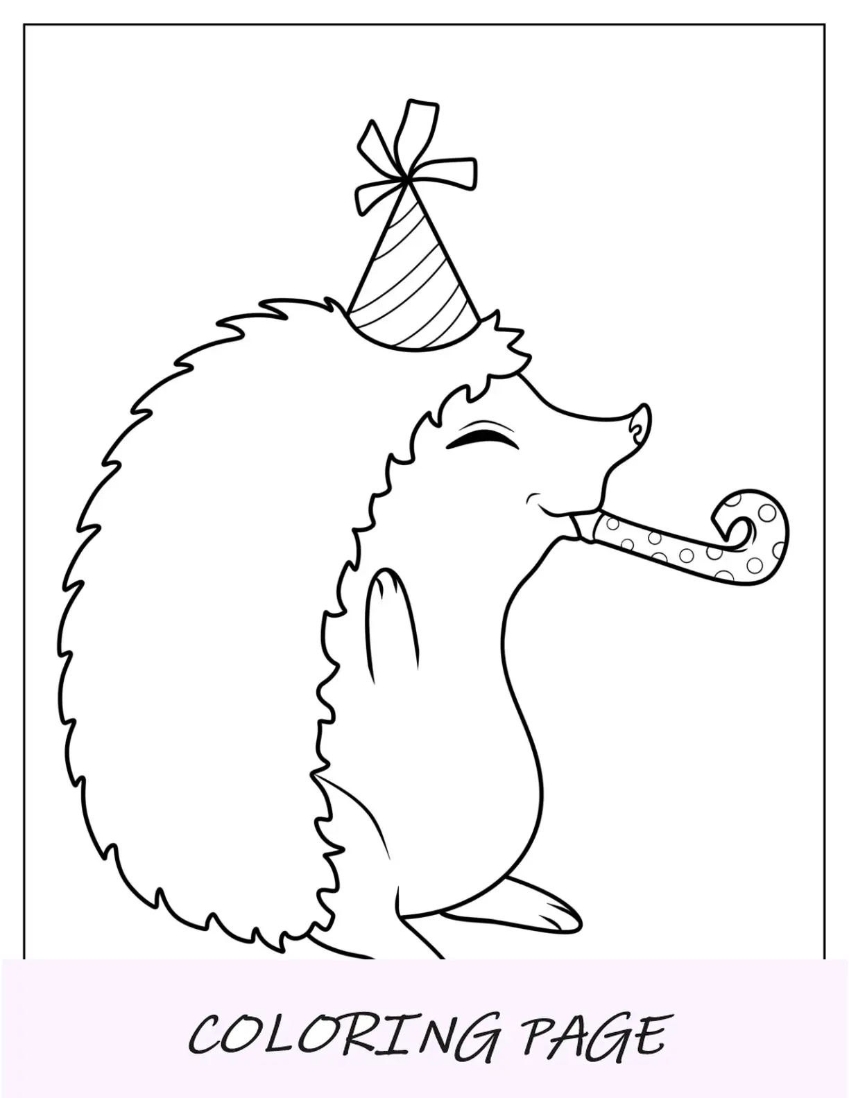 Página para colorear de erizo con sombrero de fiesta y cuerno para niños