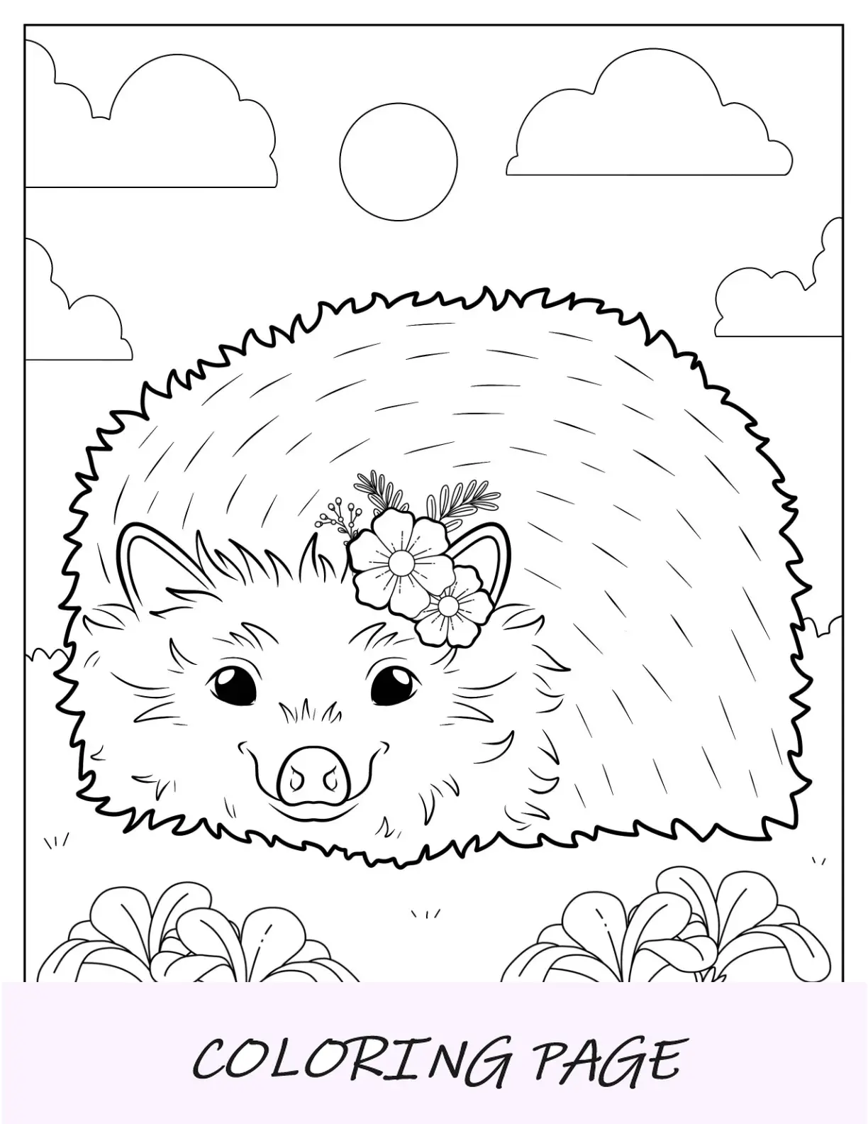 Página para colorear de erizo con flores en la cabeza