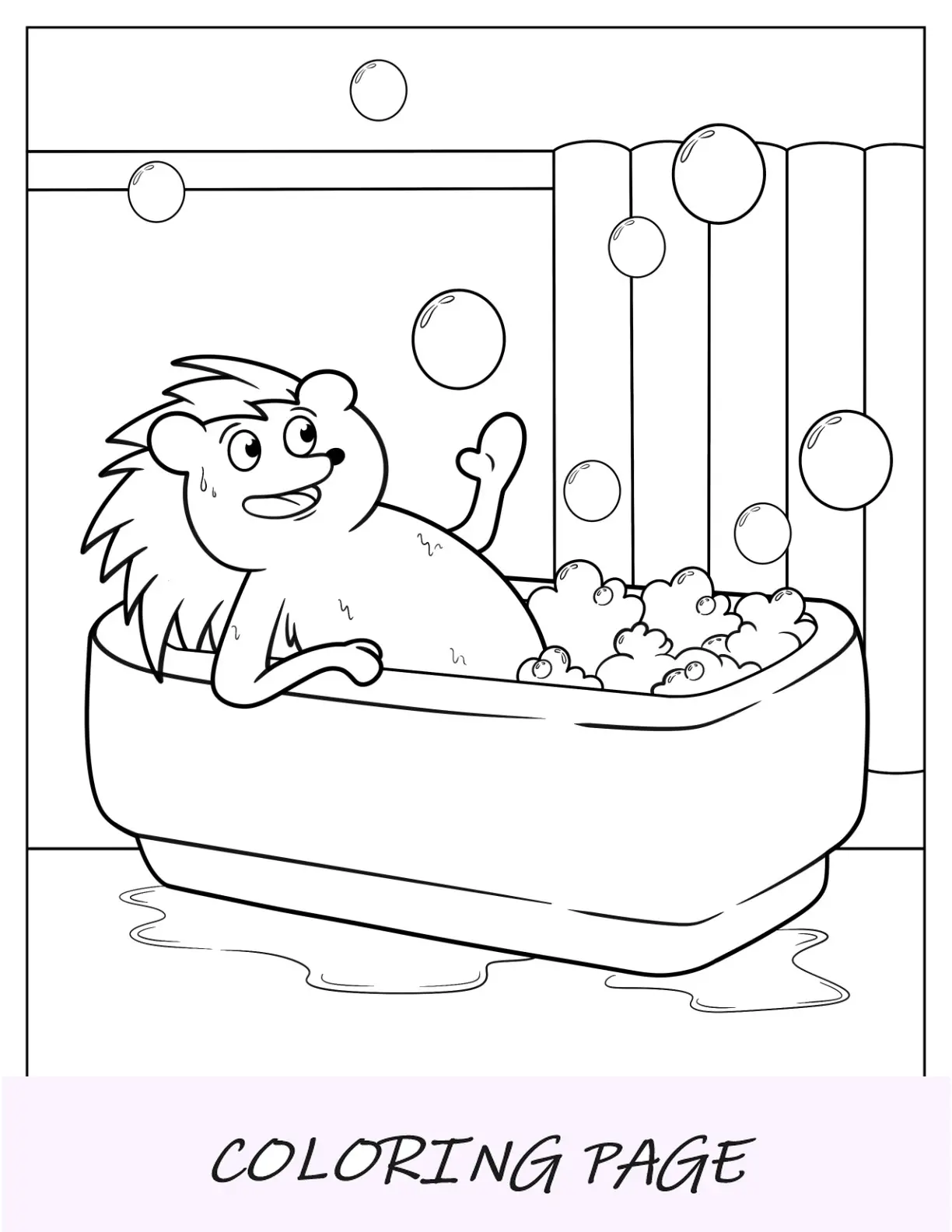 Página para colorear de erizo de dibujos animados tomando un baño de burbujas