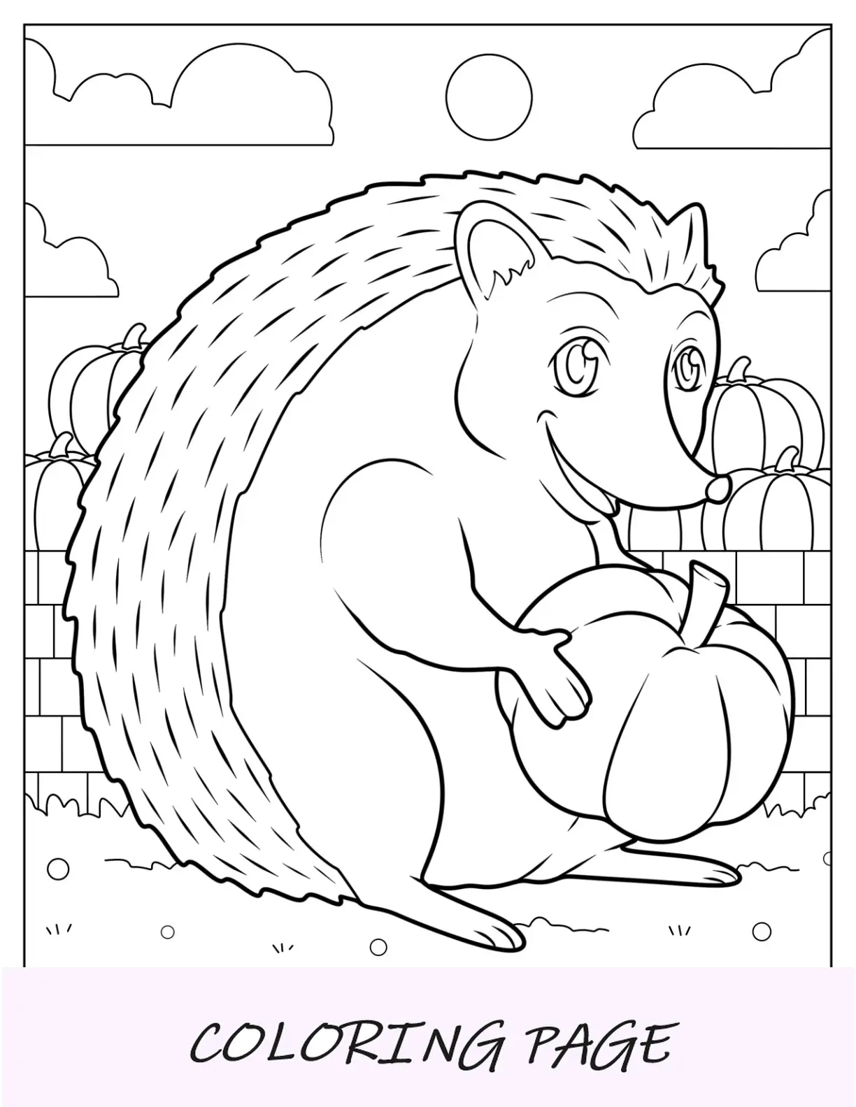 Página para colorear de erizo de dibujos animados sosteniendo calabaza