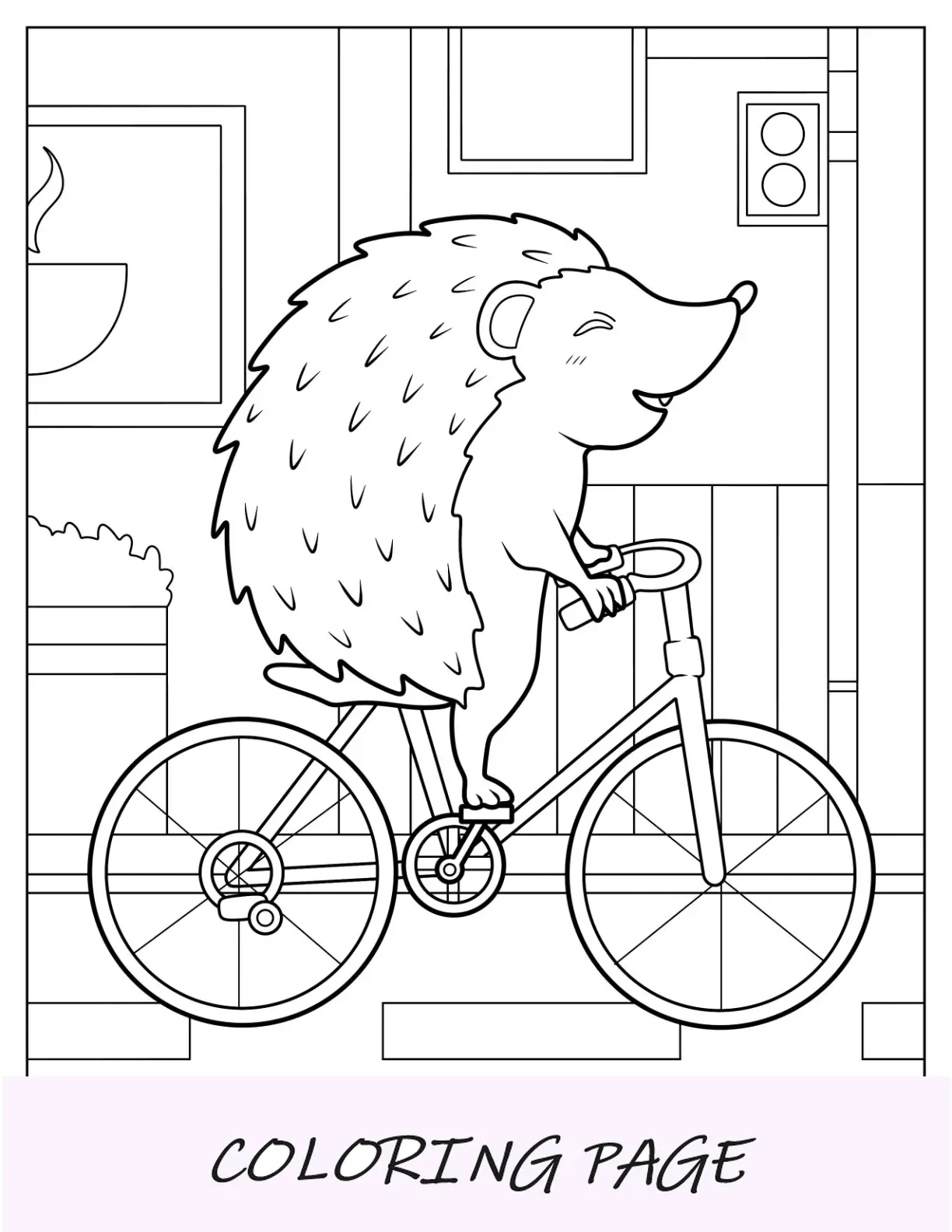 Página para colorear de erizo andando en bicicleta