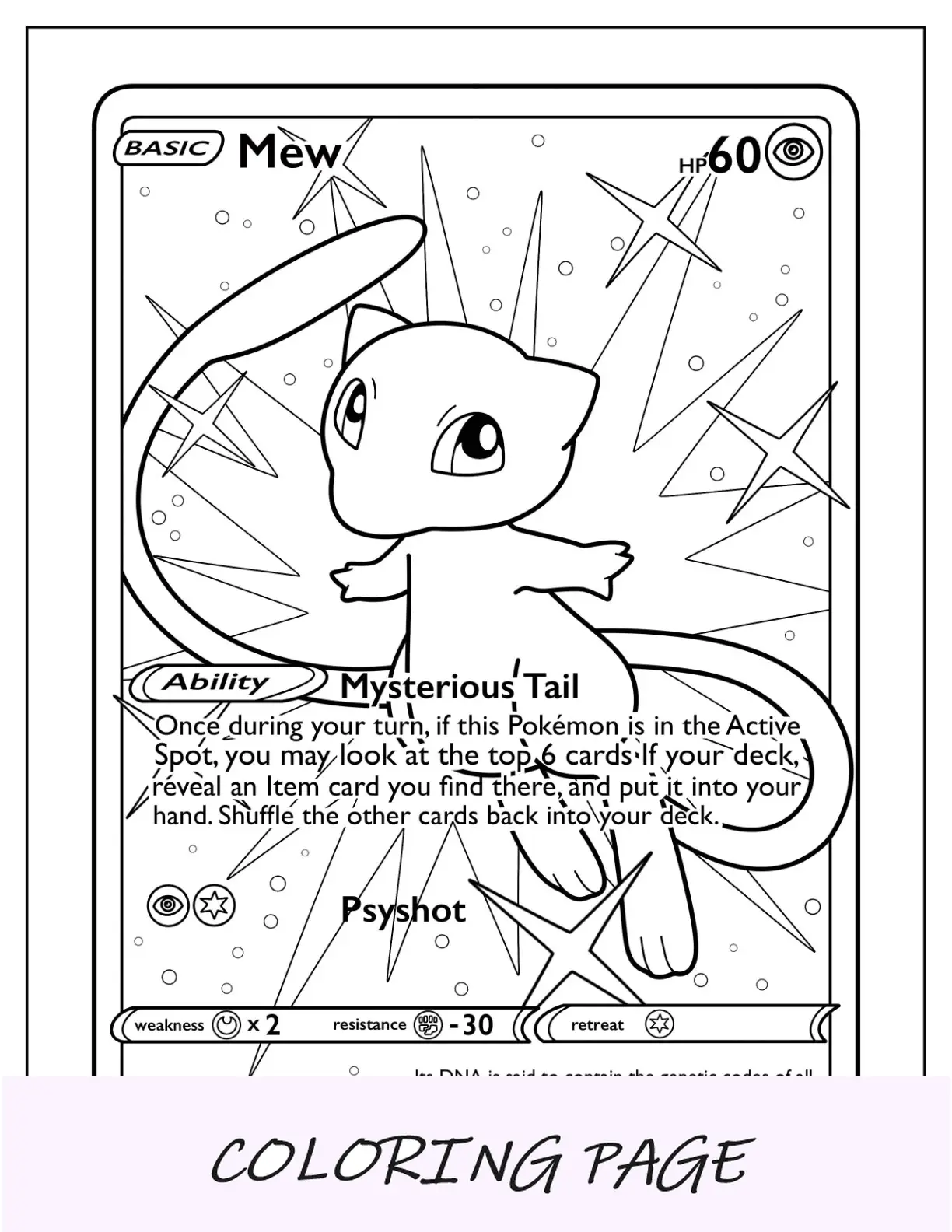 Cartão Pokémon de página para colorir detalhada de Mysterious Tail Mew