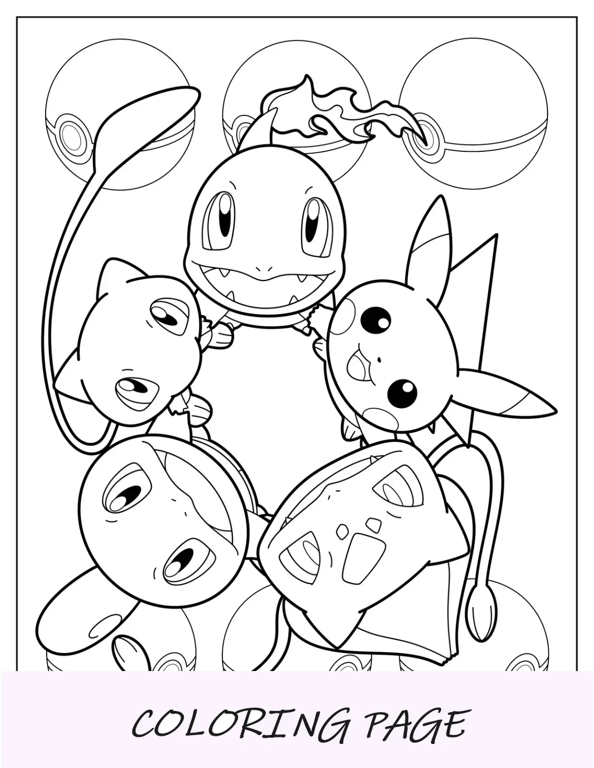Pikachu, Charmander, Bulbasaur, Squirtle e Mew para colorir em um círculo