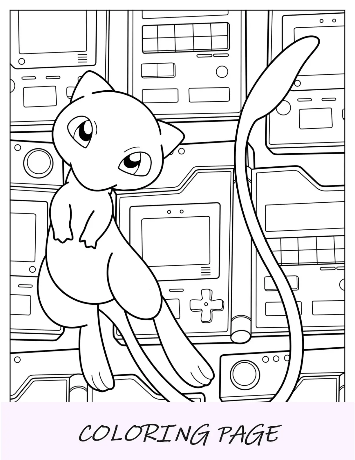 Página para colorir de Mew em frente ao console de Game Boy