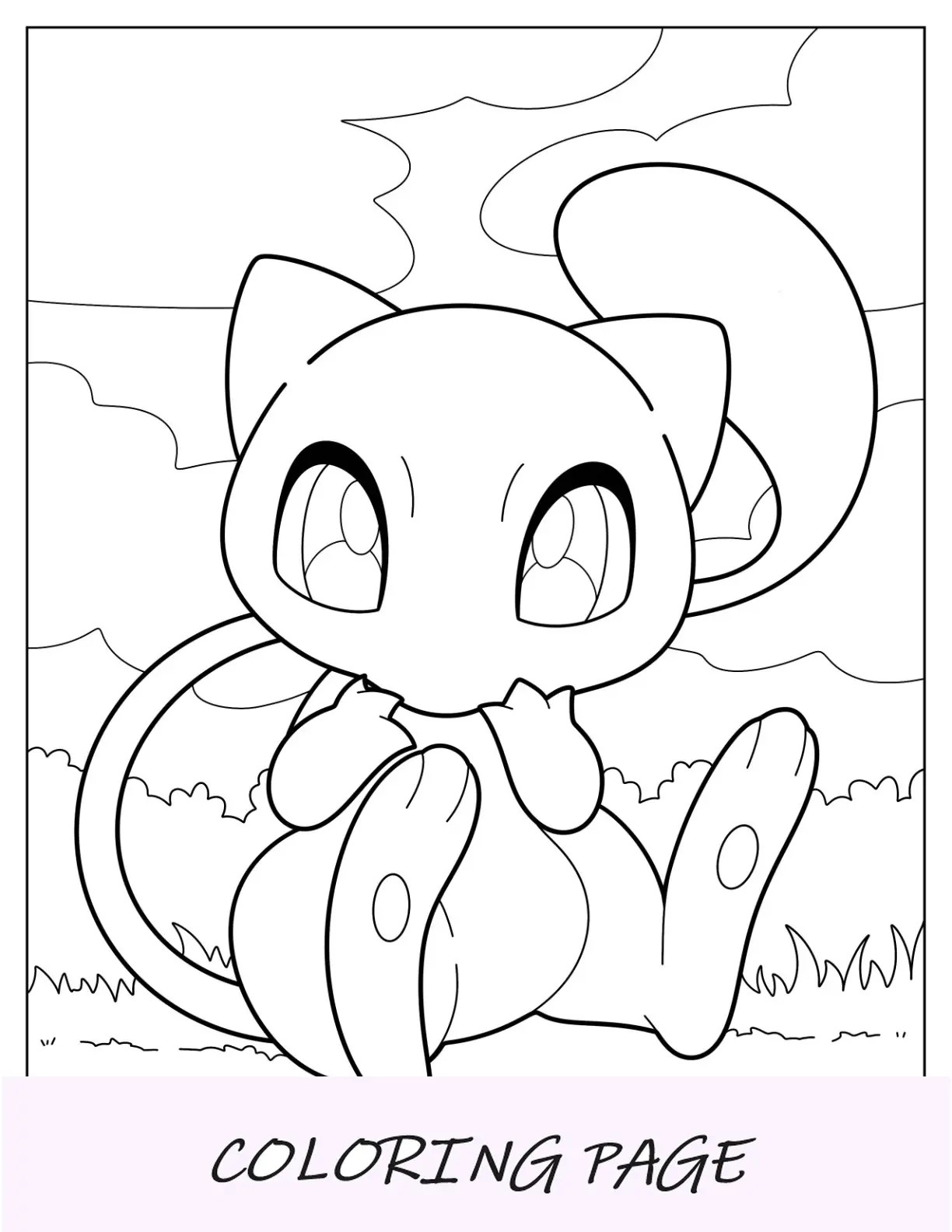 Desenho para colorir do Mew sentado na grama