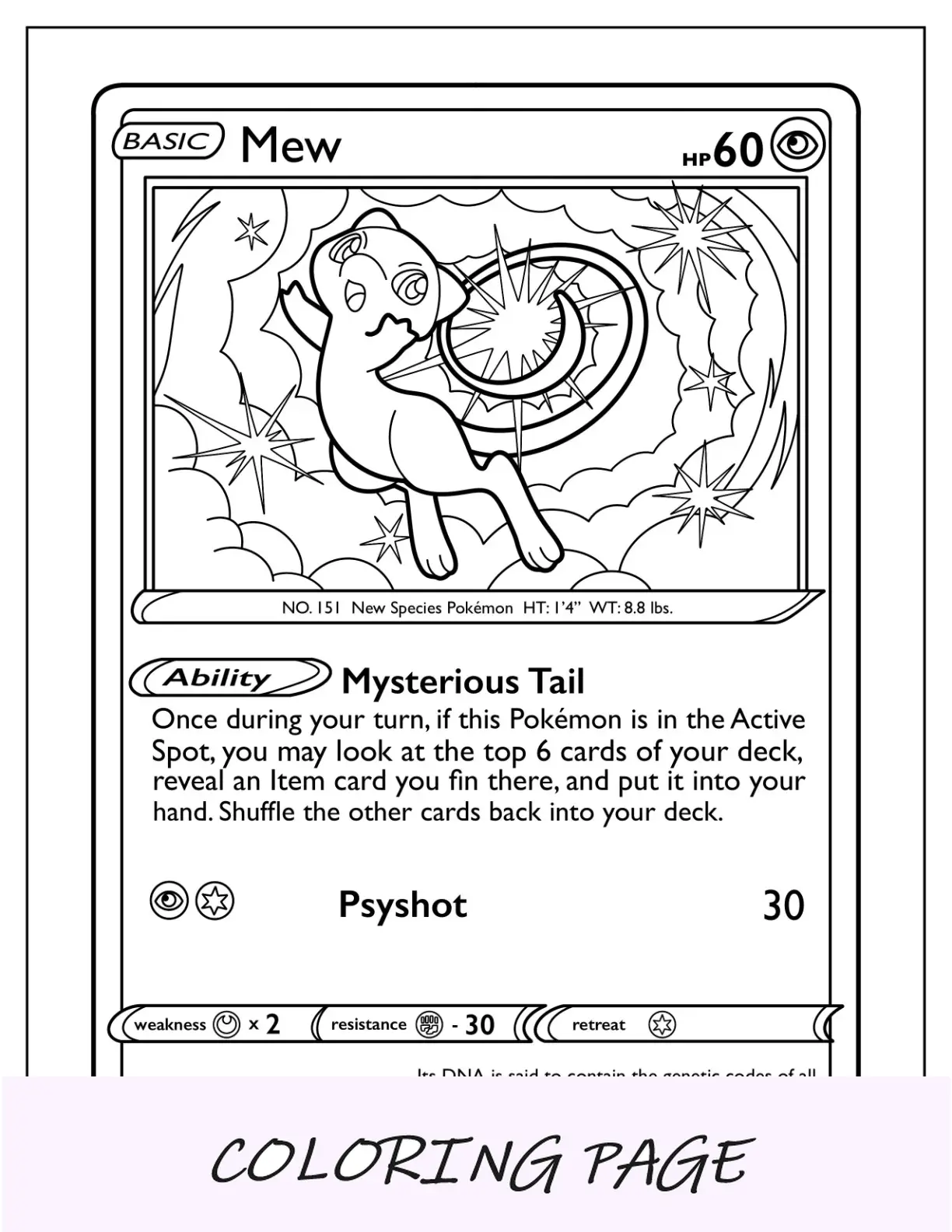 Cartão Pokémon Cauda Misteriosa para colorir Mew