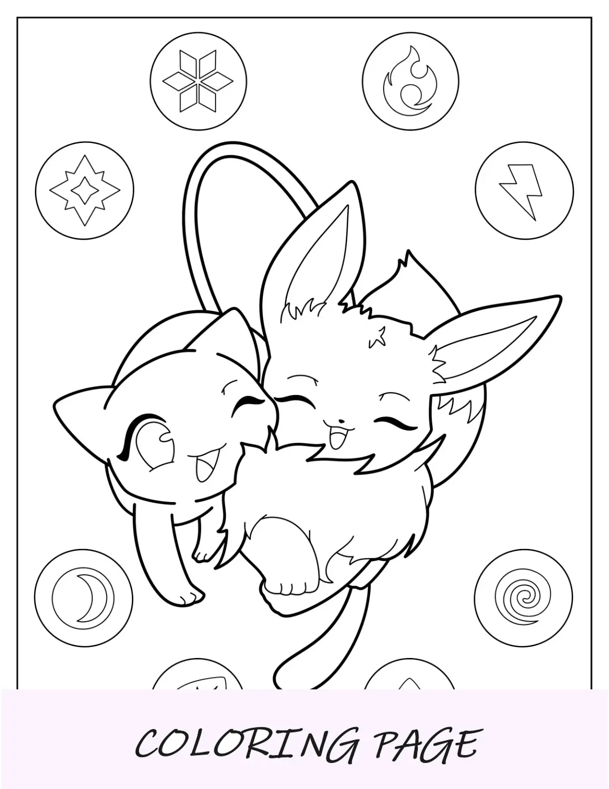 Mew para colorir abraçando com Eevee