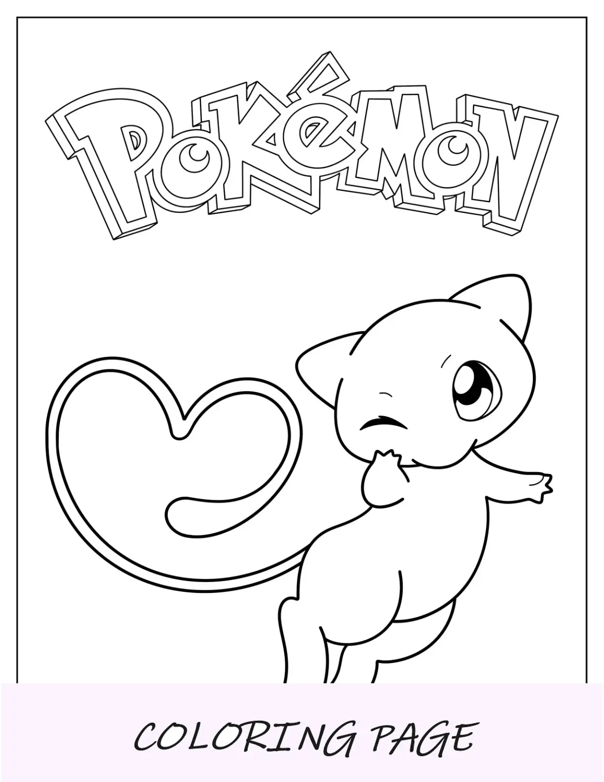 Página para colorir Kawaii Mew com cauda em formato de coração para crianças em idade pré-escolar
