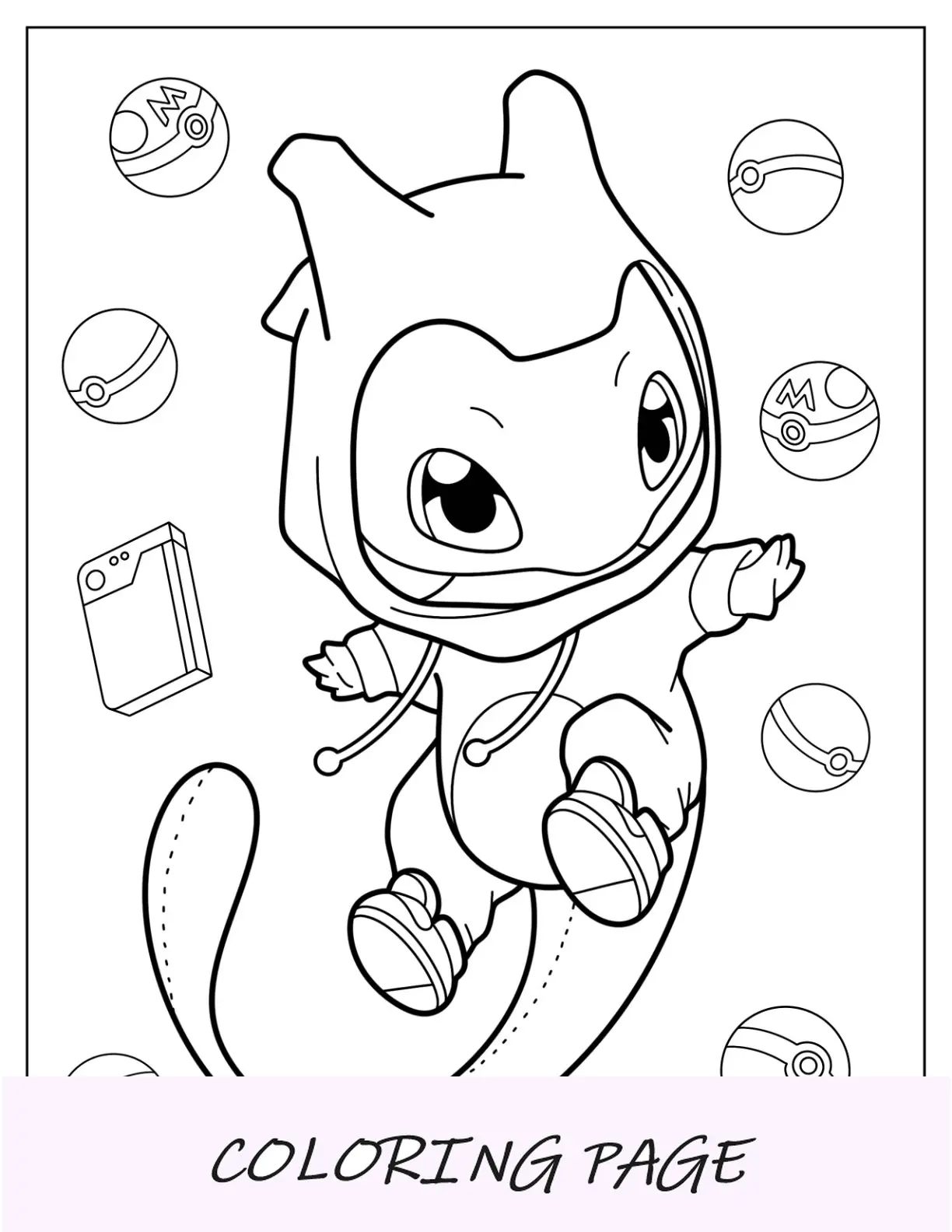 Página para colorir fofa do Mew em macacão com capuz para crianças