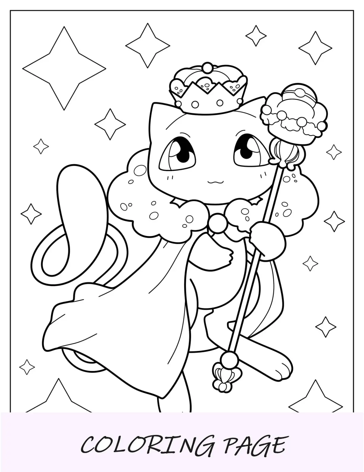 Página para colorir Mew com coroa, manto e cetro para crianças