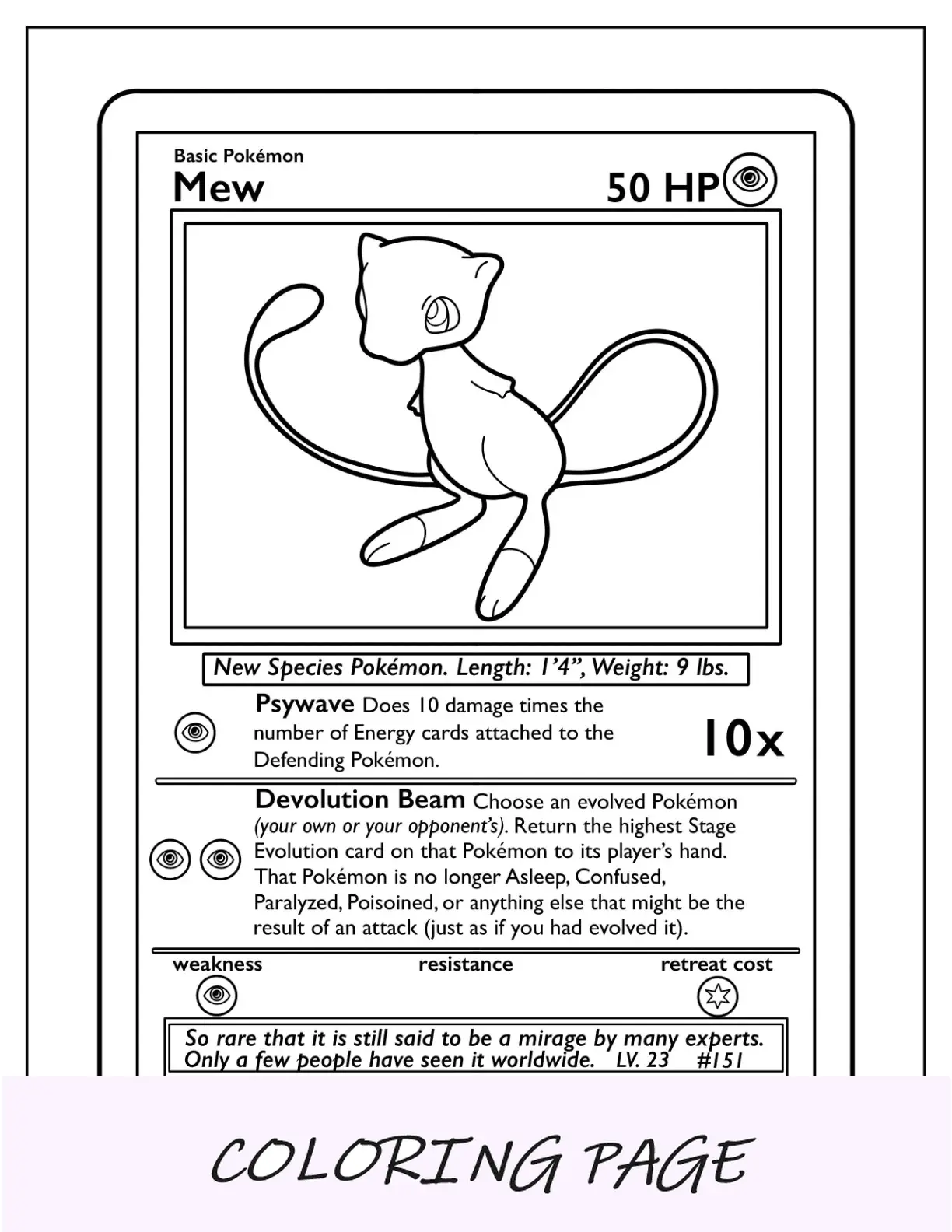 Cartão Pokémon Psywave da página para colorir Mew
