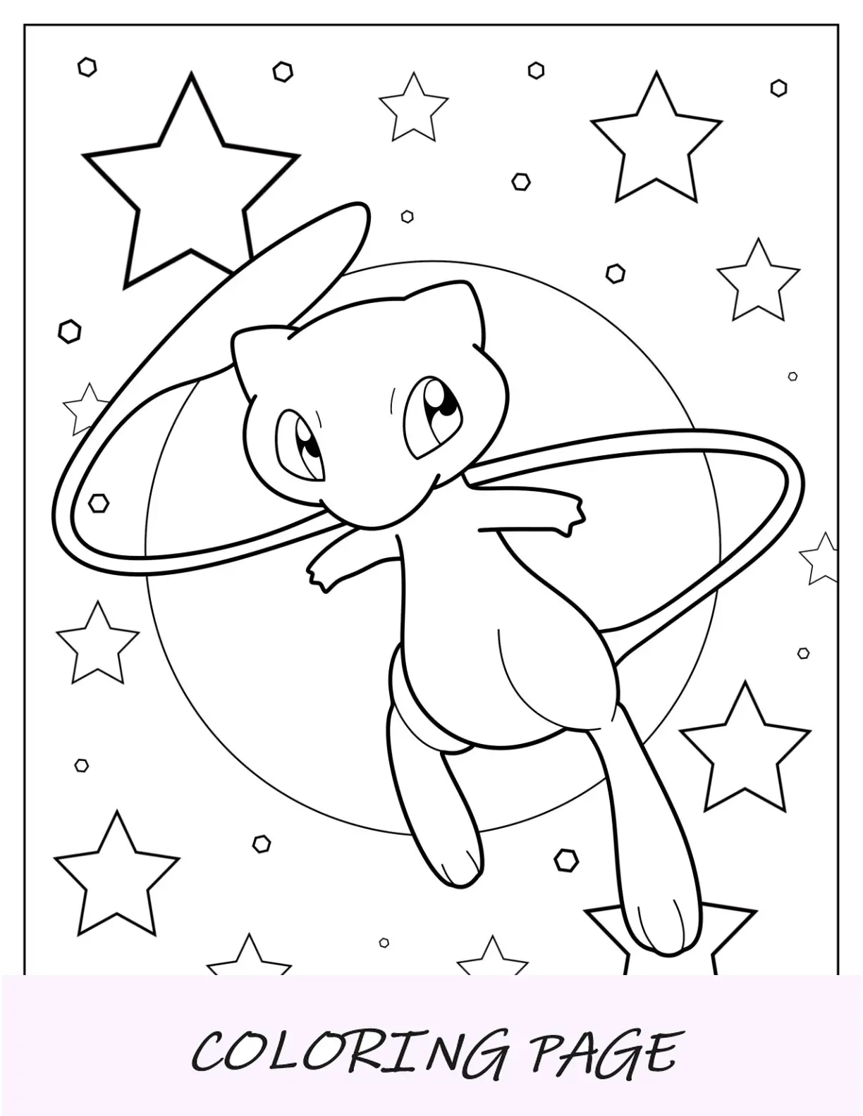 Página para colorir Mew flutuando no céu com estrelas