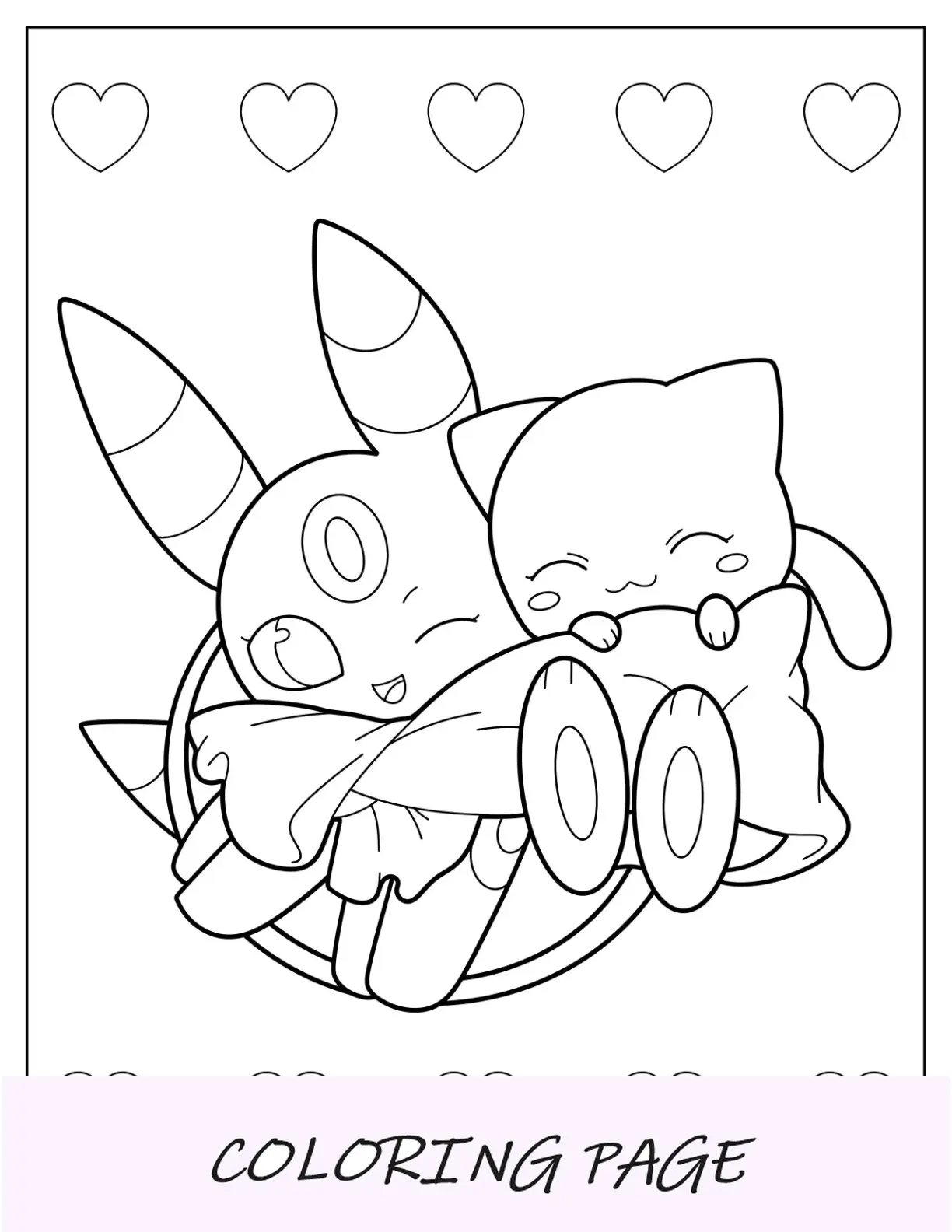Desenho para colorir de Kawaii Umbreon abraçando Mew para crianças