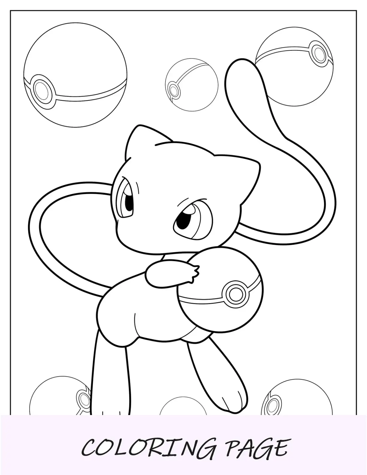 Página para colorir Easy Mew segurando pokébola para crianças