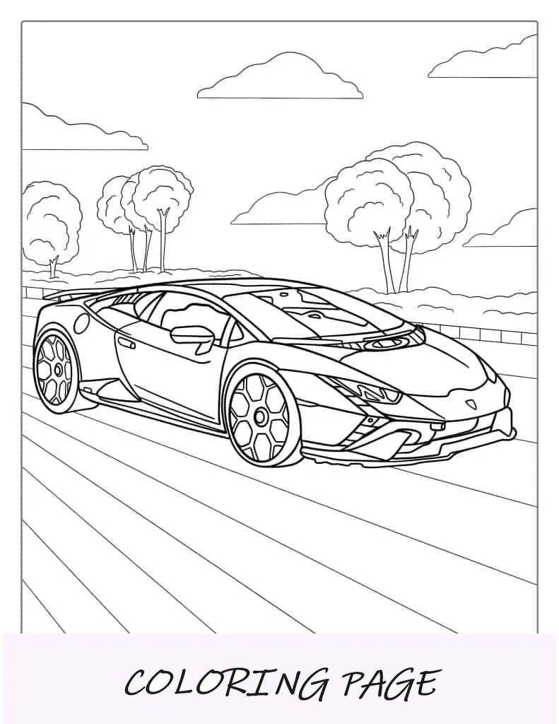 Coche deportivo Lamborghini en pista de carreras para colorear