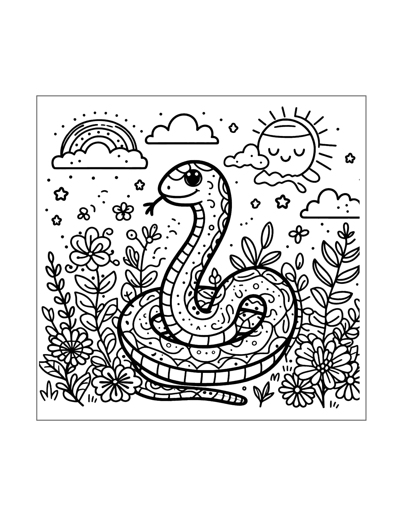 Adorable Snake And Flowers Coloring Page