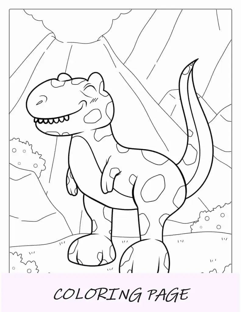 Dibujo de T-Rex de dibujos animados con volcán para colorear