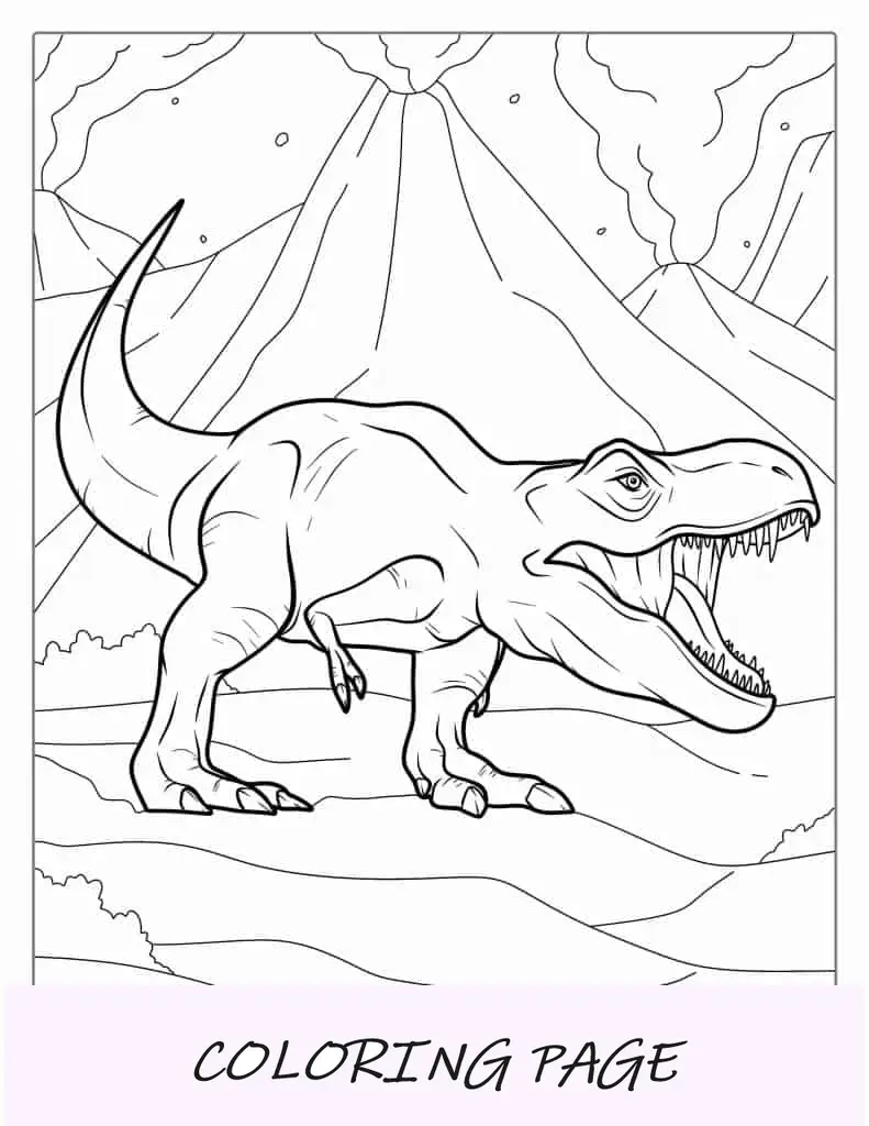T-Rex rugiente con volcán en erupción para colorear