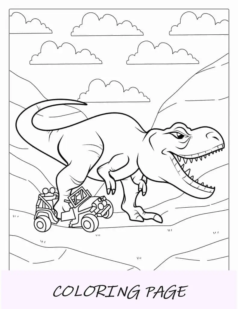 Jurassic Park T-Rex parado en un jeep