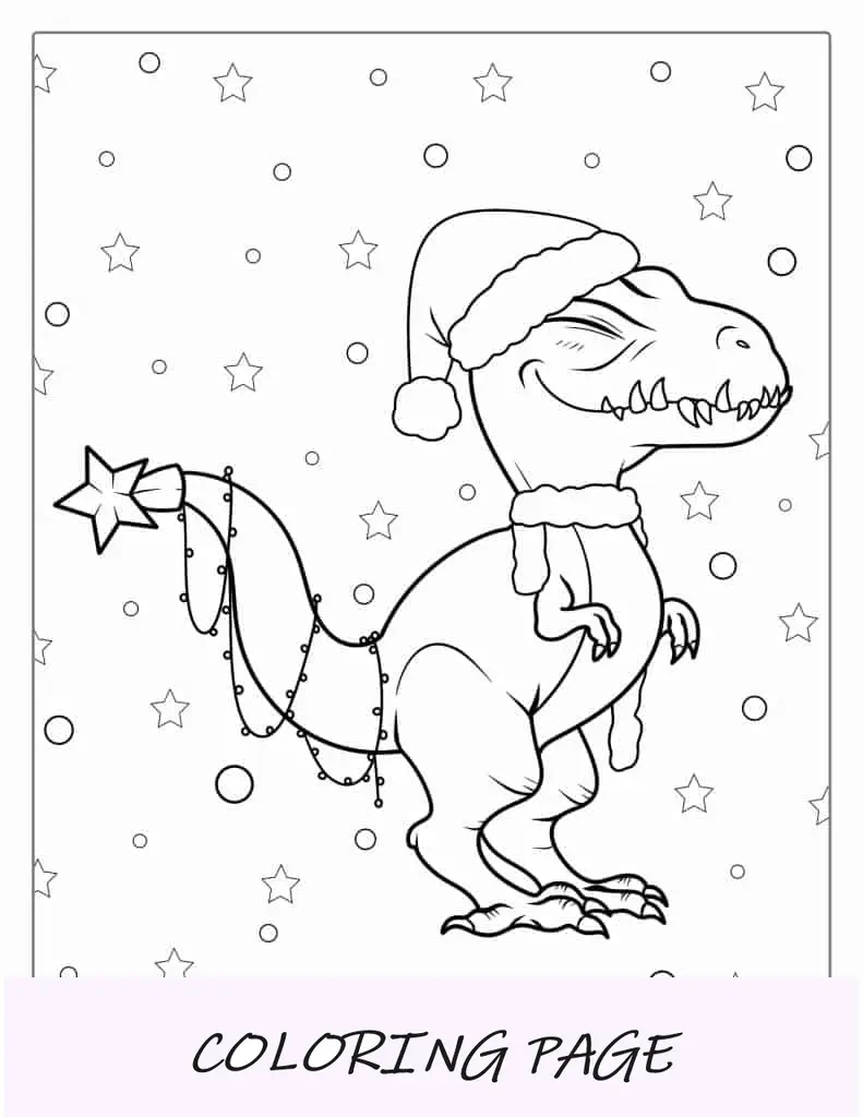 T-Rex con temática navideña y gorro de Papá Noel para colorear
