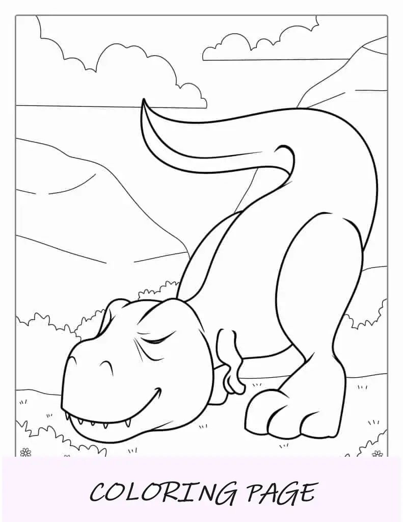 Hoja para colorear Bebé T-Rex oliendo flores