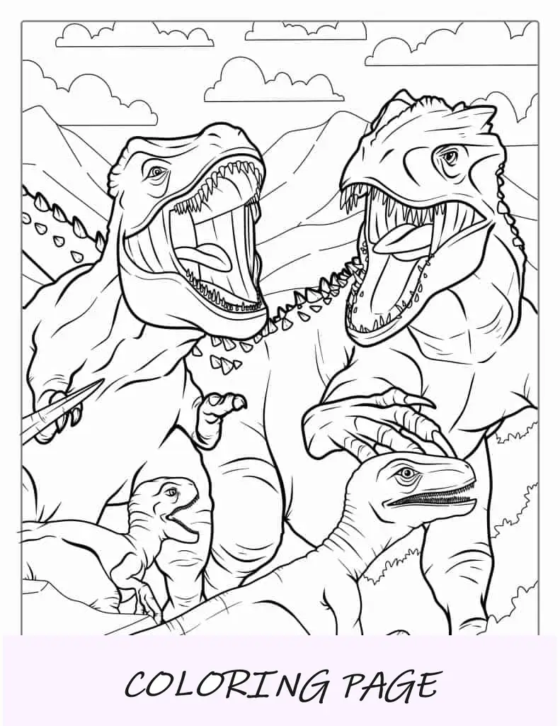 Dinosaurios T-Rex luchando contra velociraptores para colorear