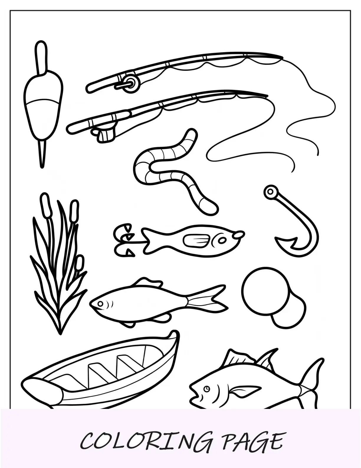 Página para colorir de pesca Varas, bobber, anzol, peixes, minhoca e barco